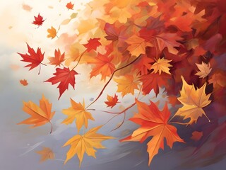 Maple leaves hanging gracefully in mid-air, a serene portrayal of autumn's beauty.