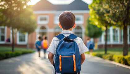 Young schoolboy walks confidently towards school against blurry background. Symbolizes determination and education journey