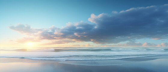Naklejka na ściany i meble A beautiful beach scene with a cloudy sky and a sun setting
