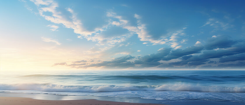 A beautiful ocean view with a cloudy sky. The beach is empty and peaceful