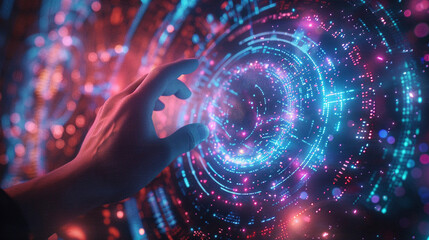 A hand reaches out to touch a holographic interface icons of the digital world and metaverse swirling around heralding a new era of technological innovation. - obrazy, fototapety, plakaty