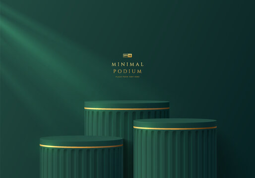 3D podium background with dark green, golden cylinder pedestal podium set on clean room wall scene. Platforms mockup product display presentation. Abstract composition minimal design. Stage showcase.