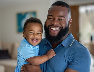 Happy african american father and son in home.