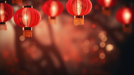 A Chinese red lanterns on a happy Chinese New Year night adorning the Chinese community, clear details of Chinese lanterns, bokeh blur background, out of focus city lights. - obrazy, fototapety, plakaty