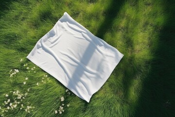 top view of picnic blanket on ground, advertising concepts, copy space. linen tablecloth or white textile plaid on green lawn in garden outdoor at summer day, flat lay