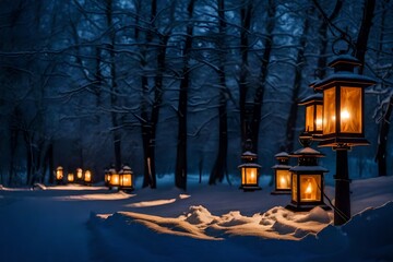 Snow-covered lanterns giving a pleasant glow on a quiet winter evening. 