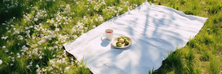 top view of picnic blanket on ground, advertising concepts, copy space. linen tablecloth or white textile plaid on green lawn in garden outdoor at summer day, flat lay