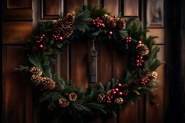 A festive wreath hangs on a rustic wooden door to greet holiday guests.