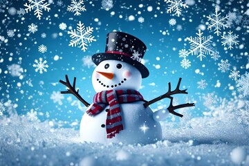 Fototapeta premium Snowman in top hat and scarf, surrounded by falling snowflakes.
