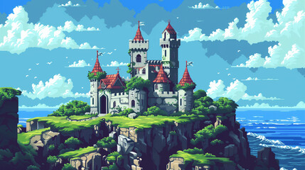 Medieval castle on the grass landscape with blue sky , pixel art  , 16 bit art , game art - obrazy, fototapety, plakaty