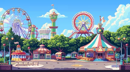Fotobehang pixel art of theme park wit blue sky , amusement park game art © The Thee Studio