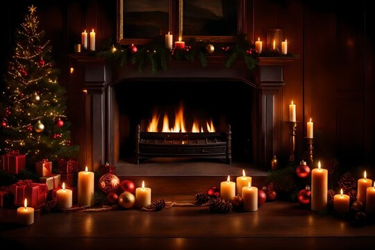 Cozy fireplace decorated with Christmas and flickering candles. 