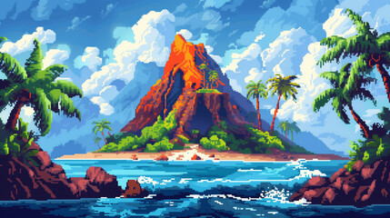 pixel art of tropical volcano island with blue sky , 16 bit ,32 bit ,game art - obrazy, fototapety, plakaty