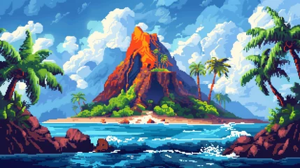 Fotobehang pixel art of tropical volcano island with blue sky , 16 bit ,32 bit ,game art © The Thee Studio