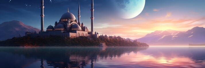 Mosque sunset sky, moon, holy night, islamic night and silhouette mosque, islamic wallpaper - obrazy, fototapety, plakaty