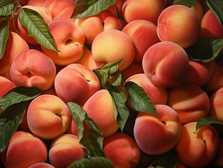 Fresh ripe apricots with green leaves close-up as background 