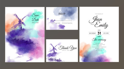 Windmill watercolor landscape wedding invitation