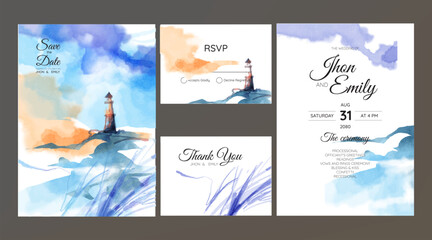 Sea and lighthouse watercolor landscape wedding invitation