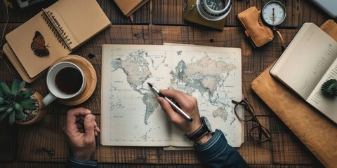 Hand holding pen with world map on the open book top view  - obrazy, fototapety, plakaty