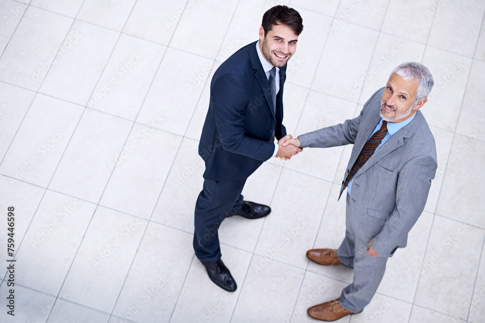 Sticker Portrait, handshake and smile of business people with CEO for deal, collaboration or b2b partnership agreement for consultant. Top view, shaking hands or men in office for acquisition on mockup space