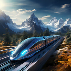 A high-speed train speeding through a futuristic landscape