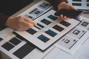 UX UI design process for modish mobile application and website . Creative prototype of wireframe...