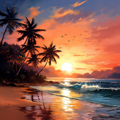 Fototapeta na wymiar A serene beach sunset with palm trees and gentle wind