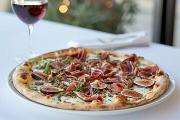 Gourmet Fig and Prosciutto Pizza on Elegant White Background Gen AI