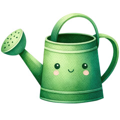 A watercolor illustration of a happy green watering can, promoting joyful gardening and plant care.