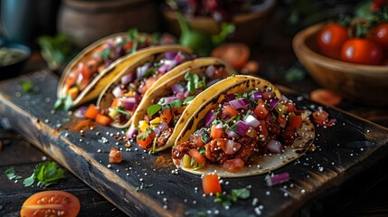 Rustic Wooden Board Showcasing Gourmet Mexican Tacos with Innovative Fillings and Gourmet Presentation - obrazy, fototapety, plakaty