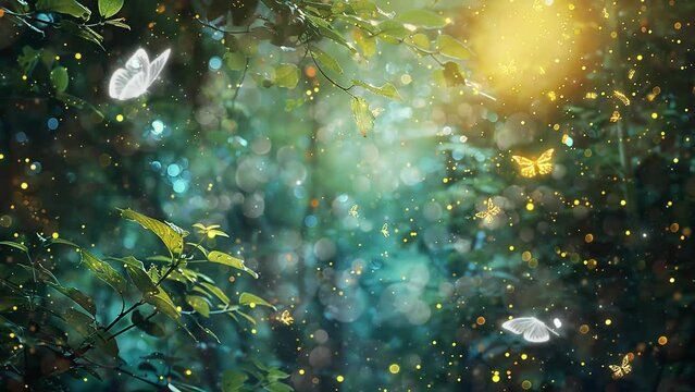 fantasy background. abstract and magical image of firefly flying. seamless looping overlay 4k virtual video animation background