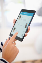 Tablet, screen and hands with chat app for communication, texting and contact or date online. Person typing on digital technology at home with message for ui and internet, reading and social media