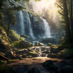 A serene waterfall in a peaceful forest. - obrazy, fototapety, plakaty