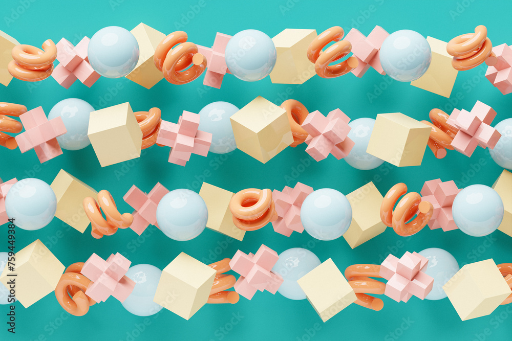 Poster 3d rendering. colorful pattern of cubes of different shapes. minimalistic pattern of simple shapes. 