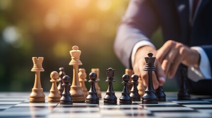 chess battle, victory, success, leader, teamwork, business strategy . business man wear business suit move prepare move king chess pieces, plan strategy lead successful business competition leader - obrazy, fototapety, plakaty