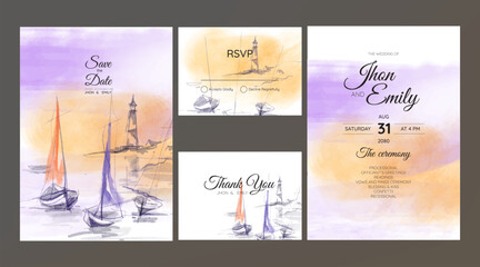 Sea and lighthouse watercolor landscape wedding invitation