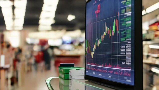 the screen displays financial charts with super market in the background