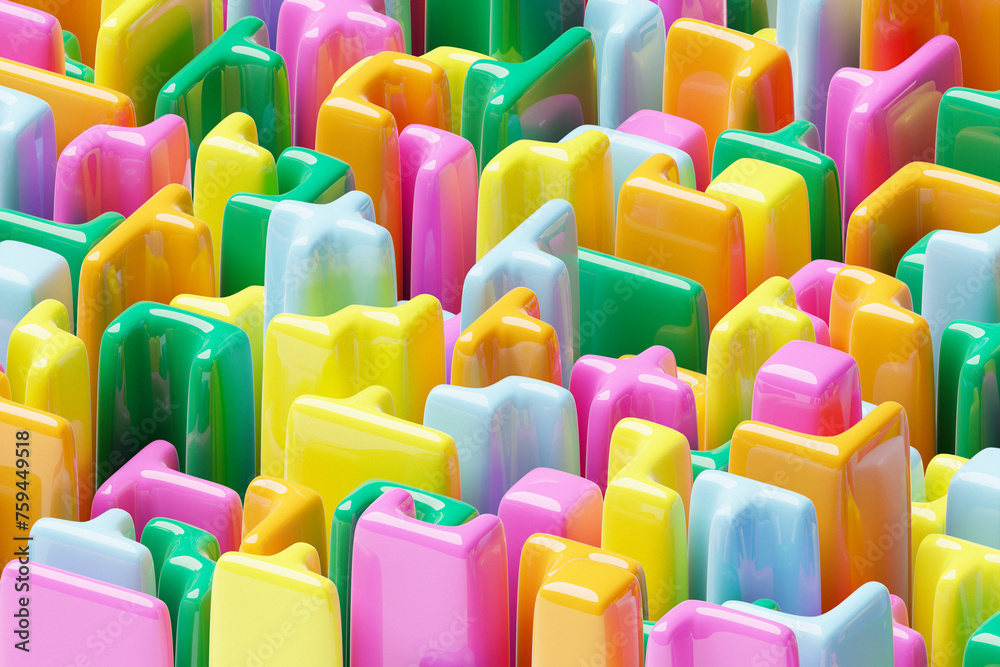 Poster 3d rendering of an abstract multi-colored pattern of shapes