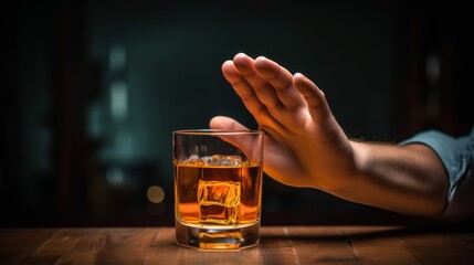 man refuses say no and avoid to drink an alcohol whiskey , stopping hand sign male, alcoholism treatment, alcohol addiction, quit booze, Stop Drinking Alcohol. Refuse Glass liquor, unhealthy, reject