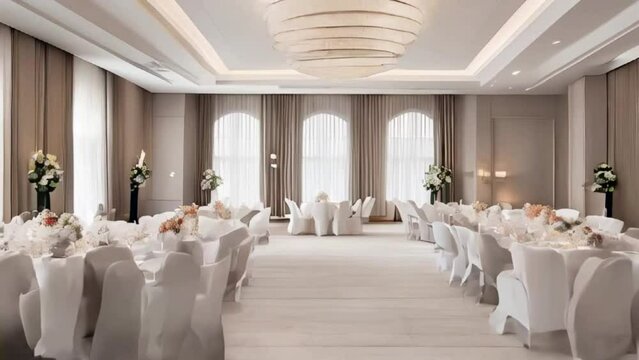 the ballroom interior is magnificent and luxurious with white accents on neatly arranged tables and chairs