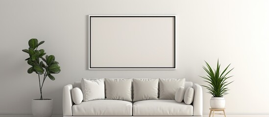 An interior design with a white couch as the main furniture piece, a picture frame on the grey wall, and rectangleshaped flooring