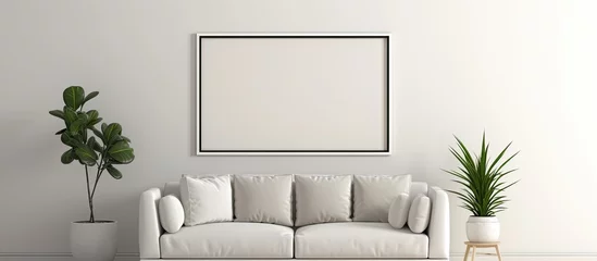 Fotobehang An interior design with a white couch as the main furniture piece, a picture frame on the grey wall, and rectangleshaped flooring © 2rogan