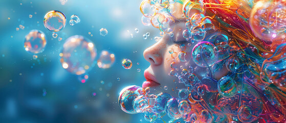 A mermaids laughter creating bubbles of vibrant colors each bubble a tiny