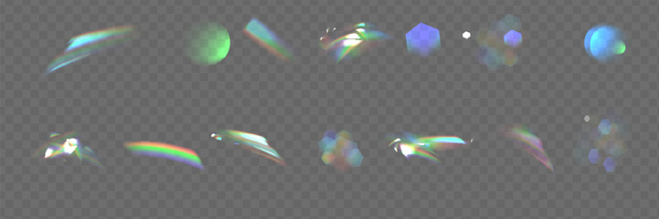 Iridescent crystal leak glare reflection effect. Optical rainbow lights, glare, leak, streak overlay. falling confetti.