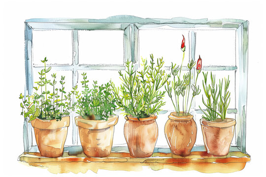 Kitchen garden near window. Watercolor illustration. Plants in pot