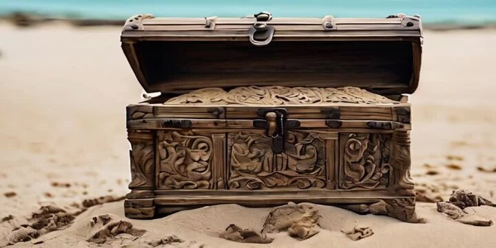 A treasure chest with amazing carvings is on the beach