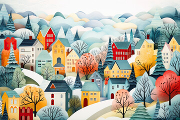 Paper town on a hill in winter . Cozy and colorful illustration. Cute scandinavian houses. Nordic arhitecture