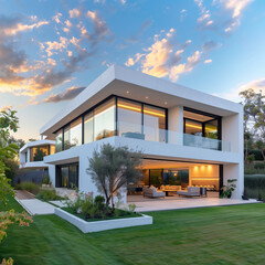 Beautiful contemporary white house with lush grass and blue sky twilight and daylight