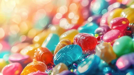Gordijnen The close up view of picture of a lot of the colourful candy, sweet, sugar, and jelly that has been put around the table or floor and gathered together and has been filled with various sweet. AIGX01. © Summit Art Creations