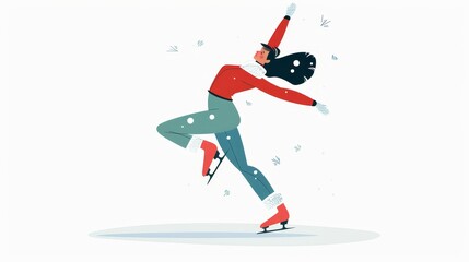 Female figure skater performing, dancing. Professional dancer, solo performance. Flat modern illustration isolated on white.